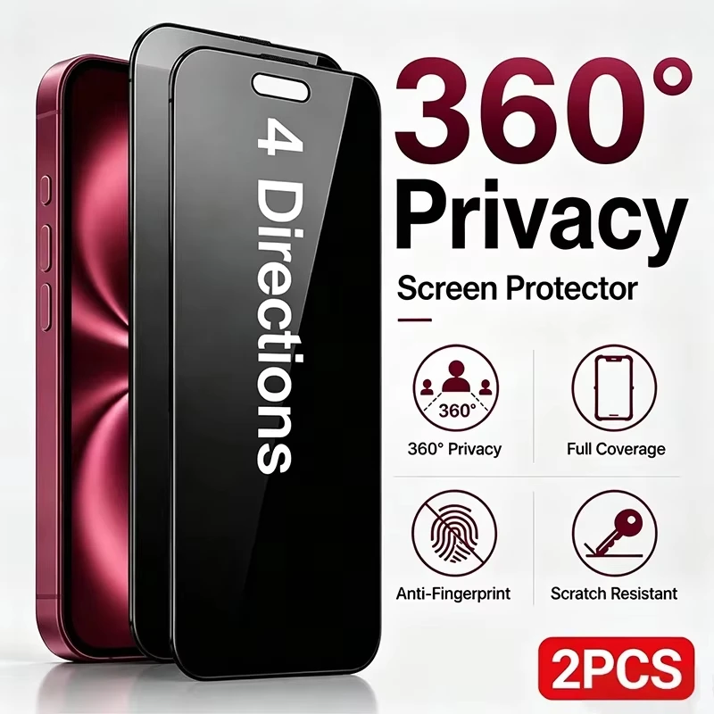 1-2PCS Privacy Tempered Glass For iPhone 18 Pro Max 13 14 15 16 17 Pro Max 18 Ultra 360° 4-Way Anti-Spy Screen Protector Film