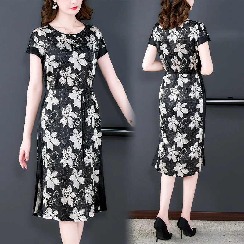 Summer Black Floral Silk Luxury Midi Dress 2024 Korean Vintage Hepburn Casaul Dress Women New Elegant Bodycon Office Lady Dress