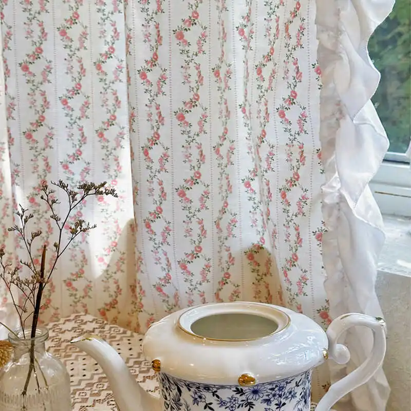 Printed Cotton Curtain Pastoral Floral Partition Half Curtain Blind Door Curtain French Style Fresh and Elegant Room Decoration