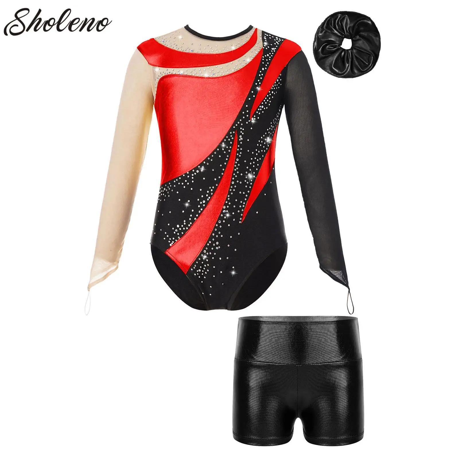 

Kid Girls Shiny Rhinestone Ballet Leotards Gymnastics Bodysuit with Shorts Bottom Set Stage Performance Workout Dance Wear