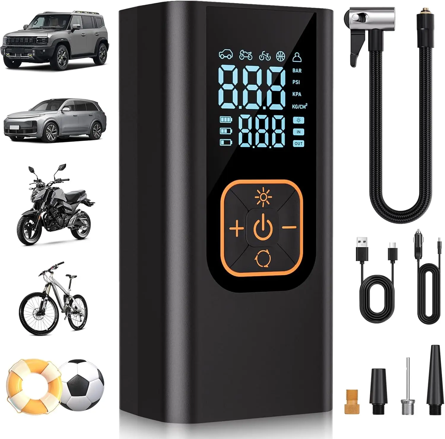 

Portable Tire Inflator with Digital Gauge, 180PSI Fast Air Pump for Car Motorcycle Bike, LED Light
