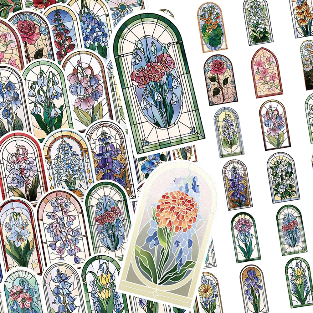 

10/30/50pcs Retro Colored Glass Window Flower Stickers Aesthetic Art Graffiti Decals Water Bottle Laptop Phone Cartoon Sticker