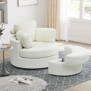Drehbarer Akzentstuhl, Drehstuhl mit Ottomane, Kuschelstühle, runder Lounge-Sofastuhl mit Kissen, 360° ° Drehstühle aus Cord