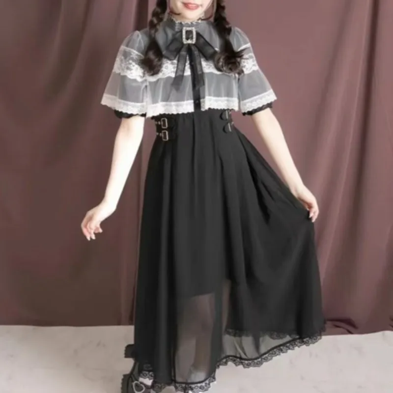 Sukienka patchworkowa z wysokim stanem, słodka i urocza, japoński styl smock, rękaw do połowy, koronkowa peleryna, vestidos, styl preppy, kokarda, mocno podkreślająca talię, nowa kolekcja mujer.