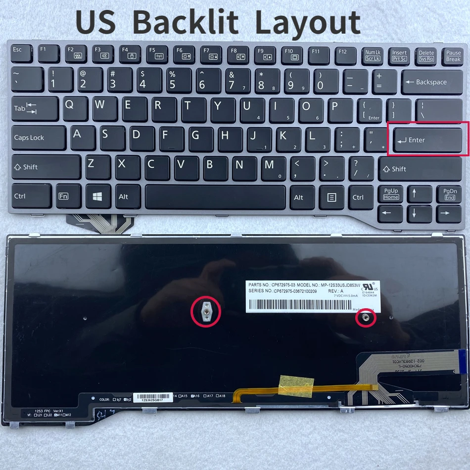 

US Backlit Laptop Keyboard For Fujitsu Lifebook T725 T726 Q775 Q737 Q736 With Silver Frame US Layout