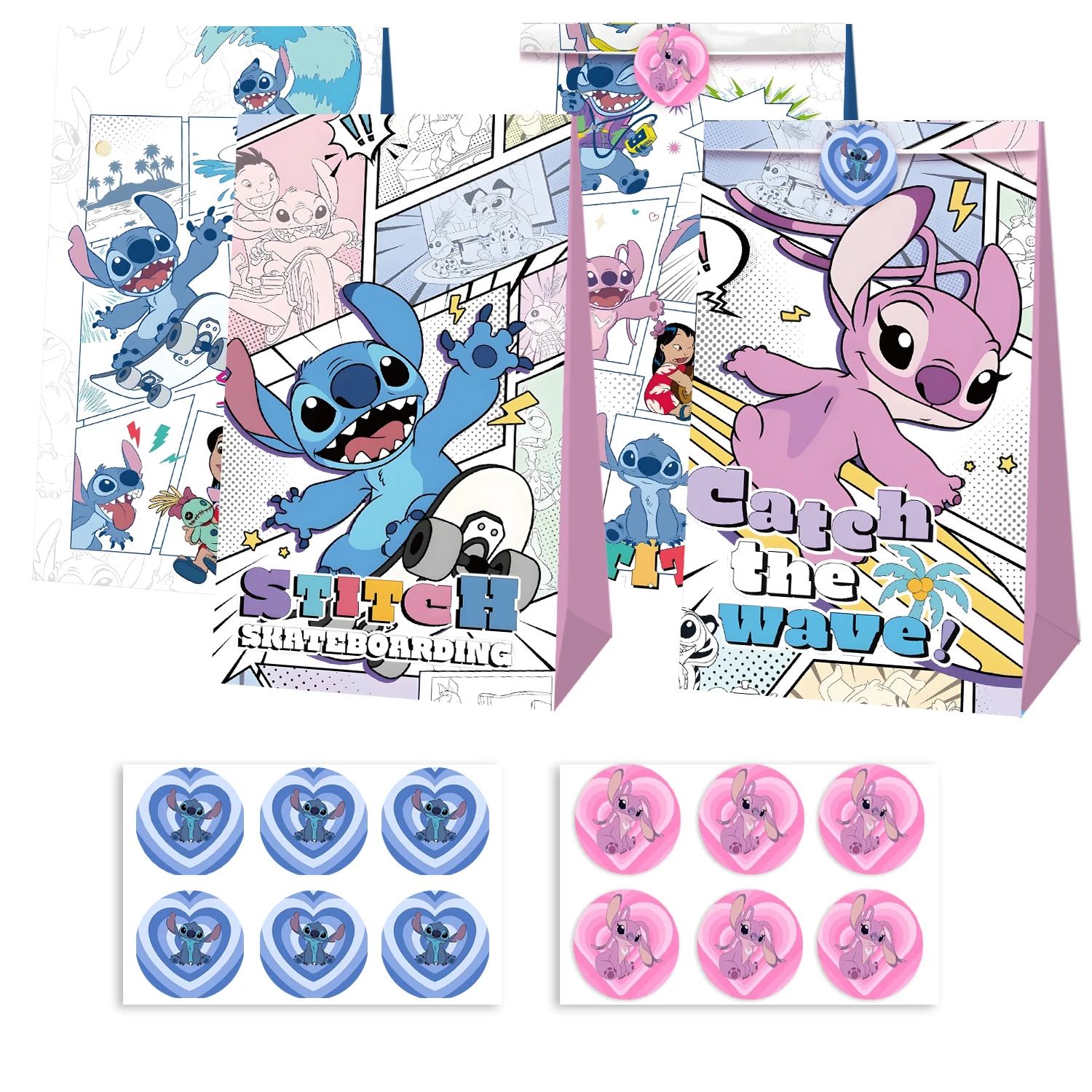 12 pçs conjunto anime lilo & stitch anjo figuras saco de papel doce saco de presente dos desenhos animados bolsa crianças aniversário dia das bruxas natal presente embrulho