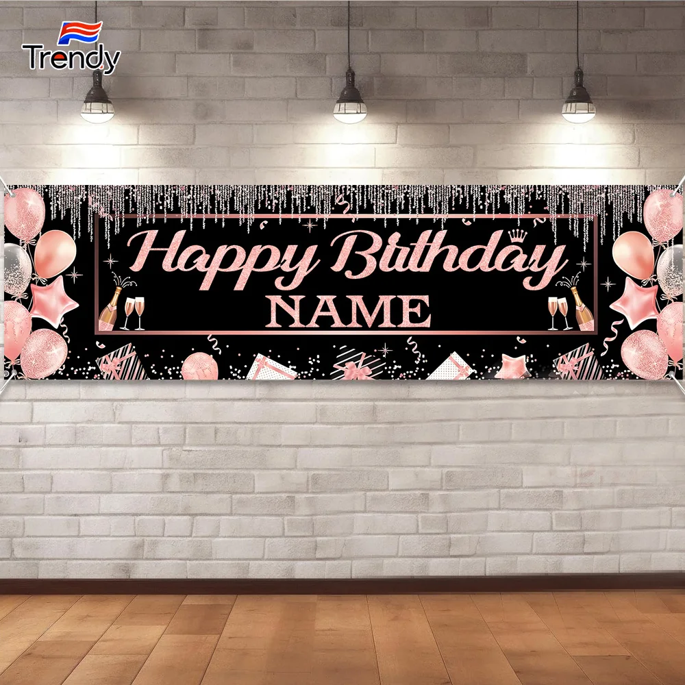 Personalized Birthday Banner Happy Birthday Party Decor Custom DIY Rose and Gold Black Birthdays