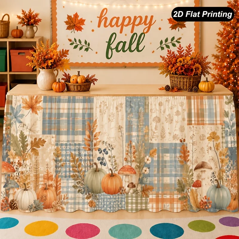 1 piece of autumn tablecloth plaid pumpkin flower table skirt, very suitable for family kitchen decoration, family pie