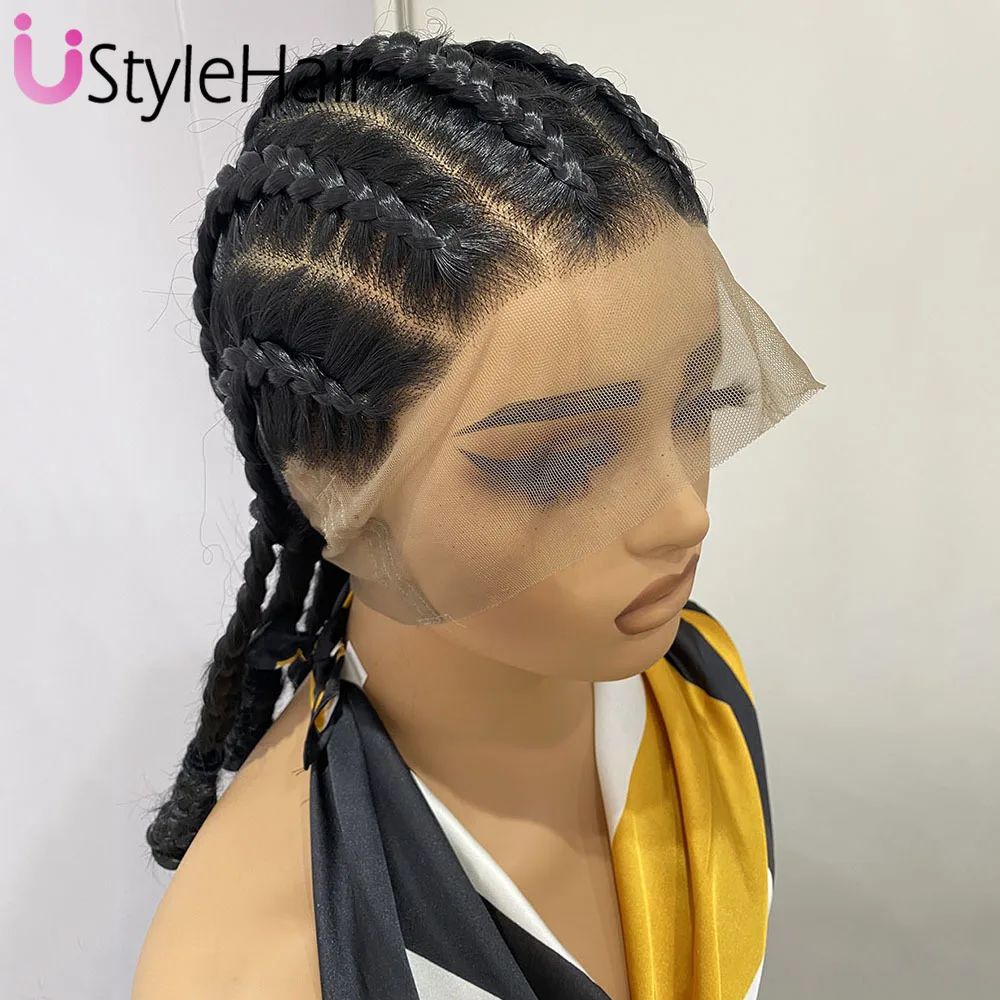 Peluca sintética con trenzas de encaje completo para mujeres negras, longitud de hombro, pelucas frontales de encaje trenzado, cabello negro de uso diario, resistente al calor