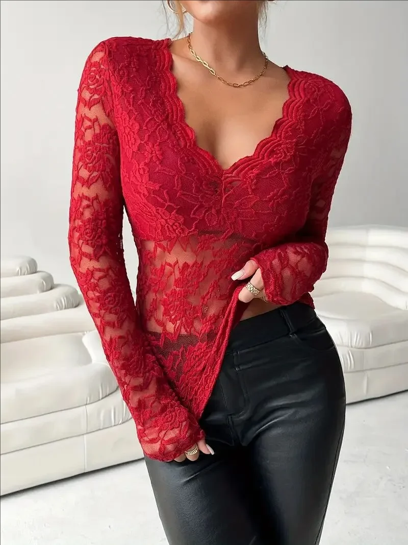 Damen Spitzen-Jumpsuit mit V-Ausschnitt, Langen Ärmeln, Transparentem Netzstoff und Blumenmuster, Figurbetonter Durchsichtiger Einteiler für Party, Clubwear und Alltag – Detail 8