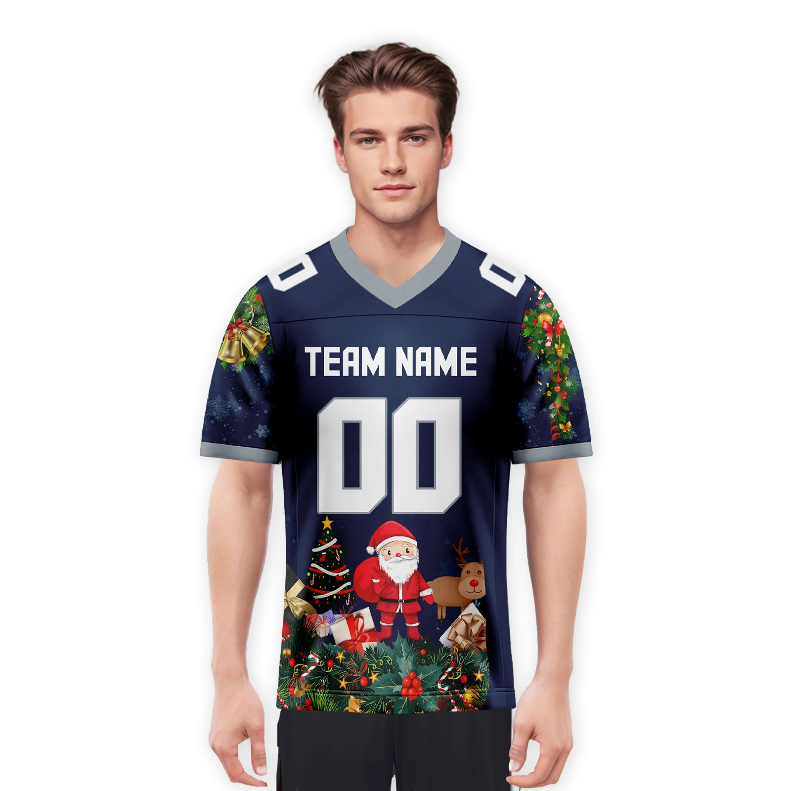 Christmas Custom Football Jersey Santa Claus Shirt Navy Print Team Name Number Personalized Gift for Fans Men Women Youth Kids