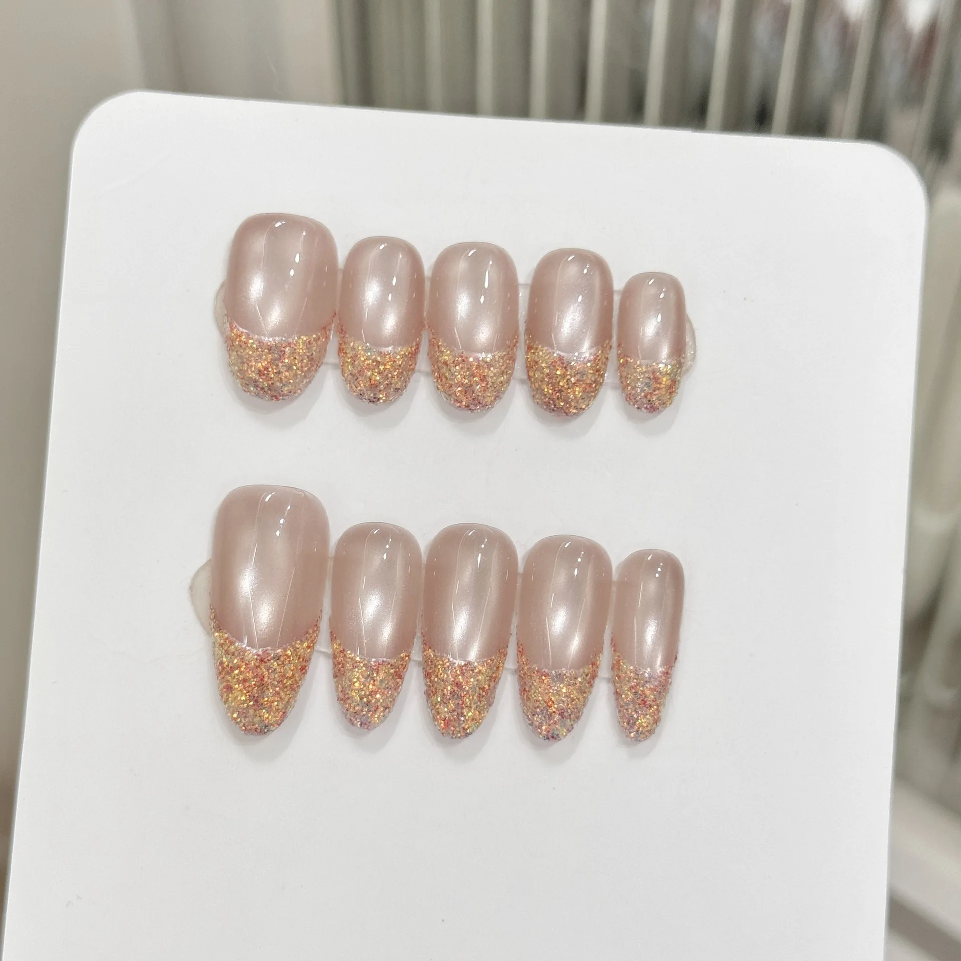 

10 PCS Luxury Handmade Press on Nails Short Oval Naked Powder cat's eye Design with 3-PIECE Tool Adhesive Nail Glue Tabs
