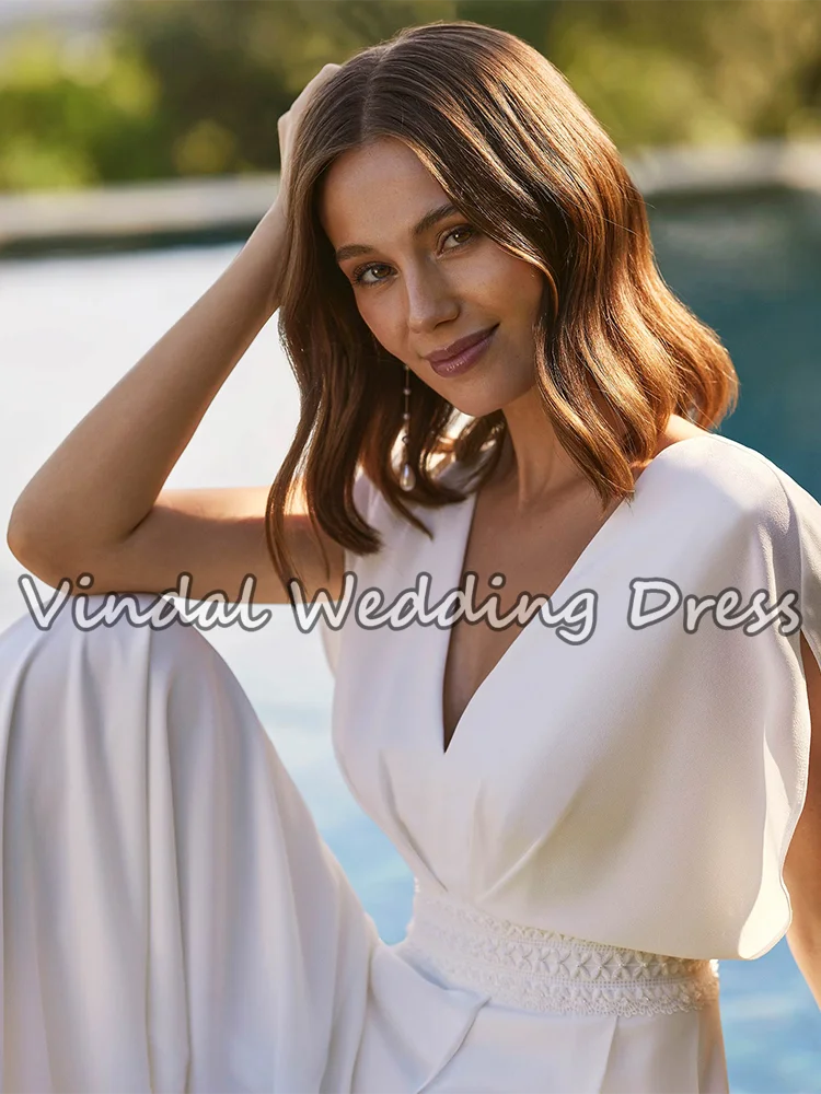 Vindal 2026 ربيع طويل كريب بذلة فساتين الزفاف الخامس الرقبة Batwing كم بوهو سروال الزفاف دعوى مفتوحة الظهر مخصصة