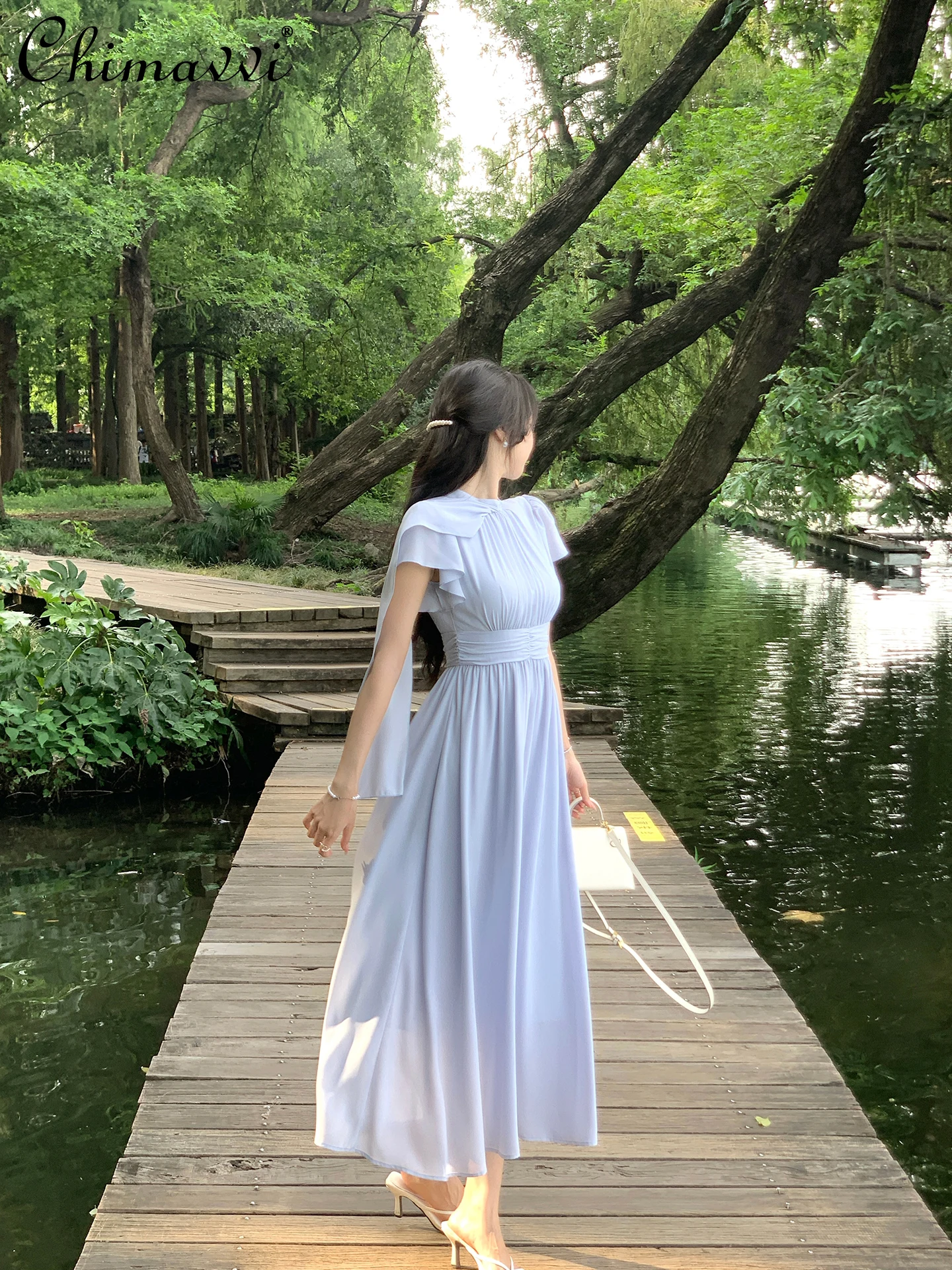 

French Elegant Casual Summer Dresses Stand Collar Short Sleeve Patchwork Ribbon High Waist A-line Blue Elegant Long Dress Women