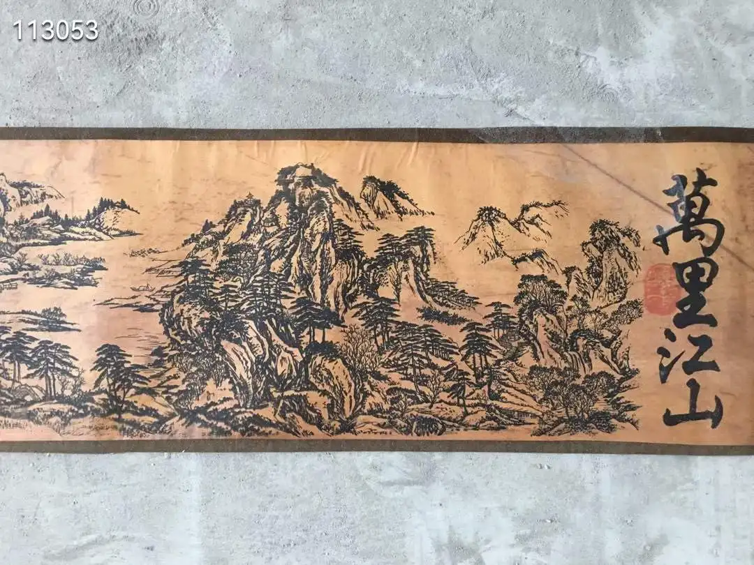 Old Extra Long Traditional Chinese Calligraphy Painting Scroll, Landscape, History People, Figure Portrait, Mythical Stories