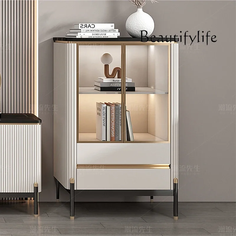 Light Luxury Minimalist Storage Side Cabinet Living Room Corner Cabinet with Induction Lamp Decorative Slate Chest of Drawer