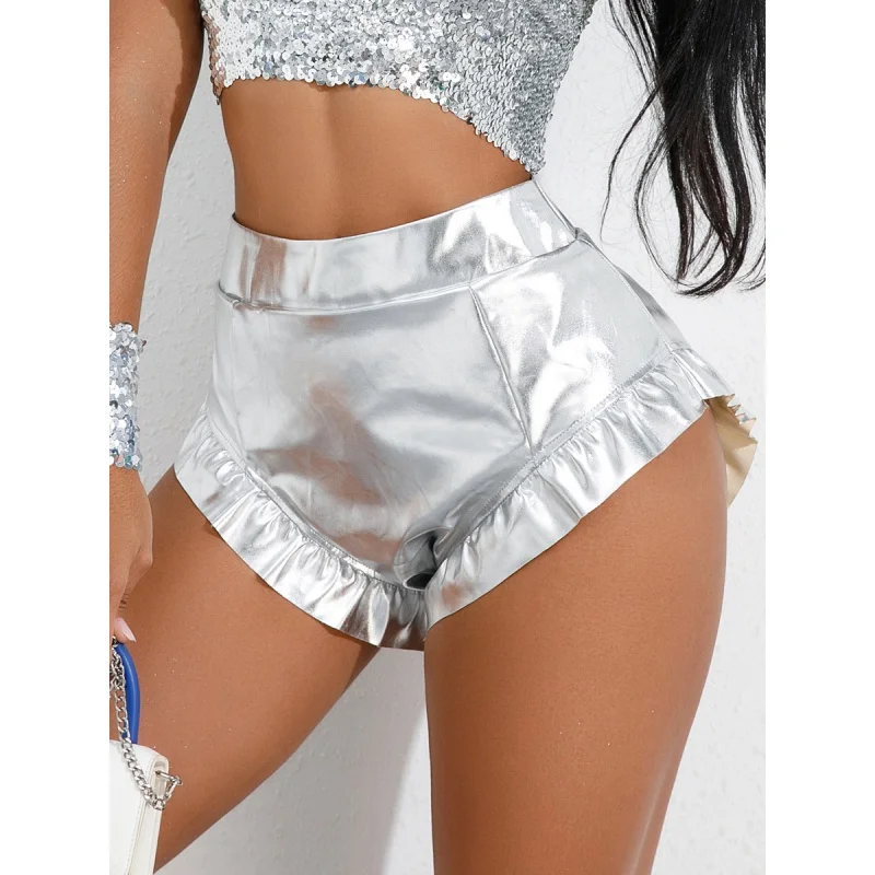 

High Waist Ruffles Sexy Bronzing Casual Shorts Bar Pole Dance Performance Wear