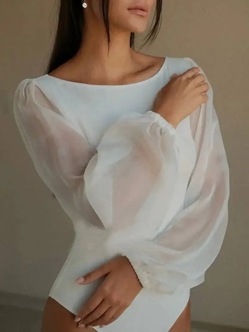 Sexy Bodysuit Women Black White Khaki Bodycon Long Sleeve One Pieces Mesh Bodysuits Jumpsuit Tops Body Suit Y2K O NECK PWE7 view 4