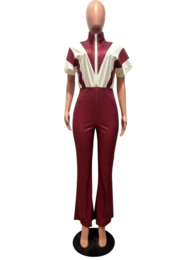 컬러 패치 워크 여성 캐주얼 점프 슈트 스탠드 칼라 반소매 지퍼 하이 웨이스트 플레어 바지 원피스 오버올 스트리트 로퍼