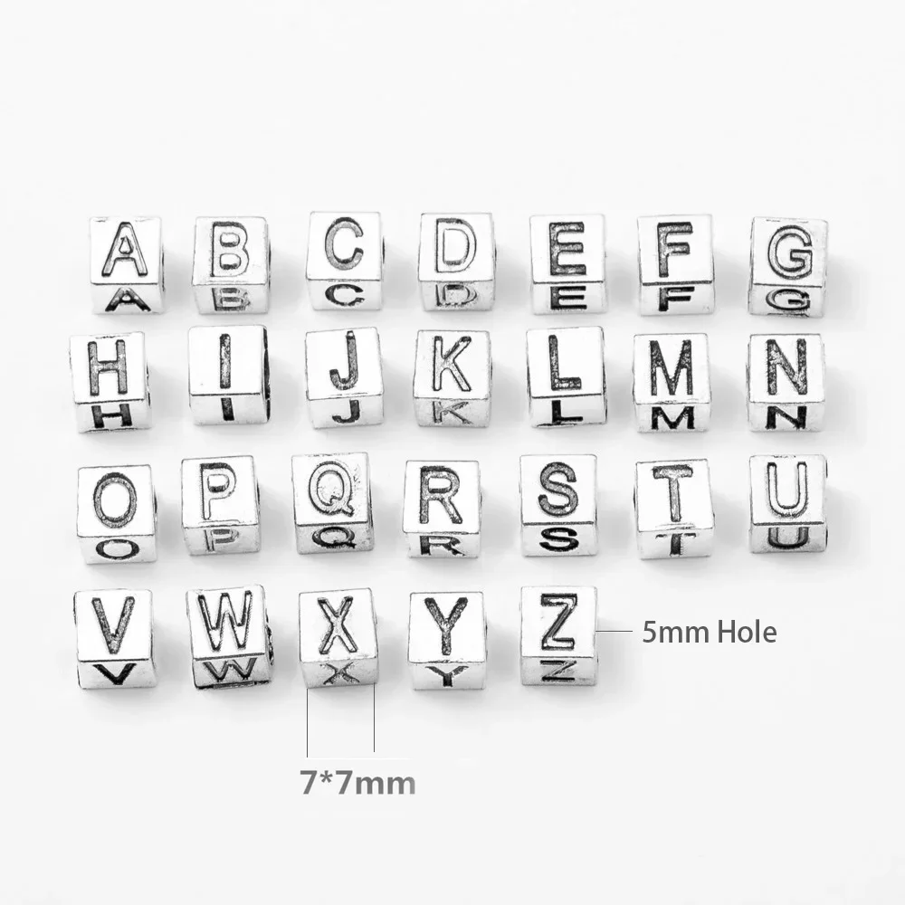 26pcs Mixed Vintage Bronze Antique Silver Plated Cube Letter Beads Jewelry Making Findings Initial Alphabet for DIY Bracelet