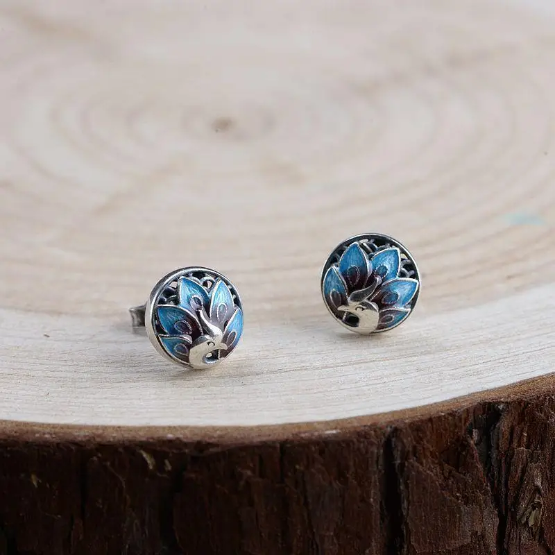 

New Silver Enamel Porcelain No Inlay Retro Stud Earrings Chinese Classical Exquisite Small Design Ladies Elegant Brand Jewelry