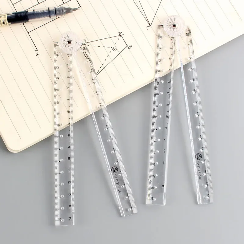 2pc Compact Portable Acrylic Folding Straight Ruler Transparent With Protractor Student Drawing Measuring Tools for School