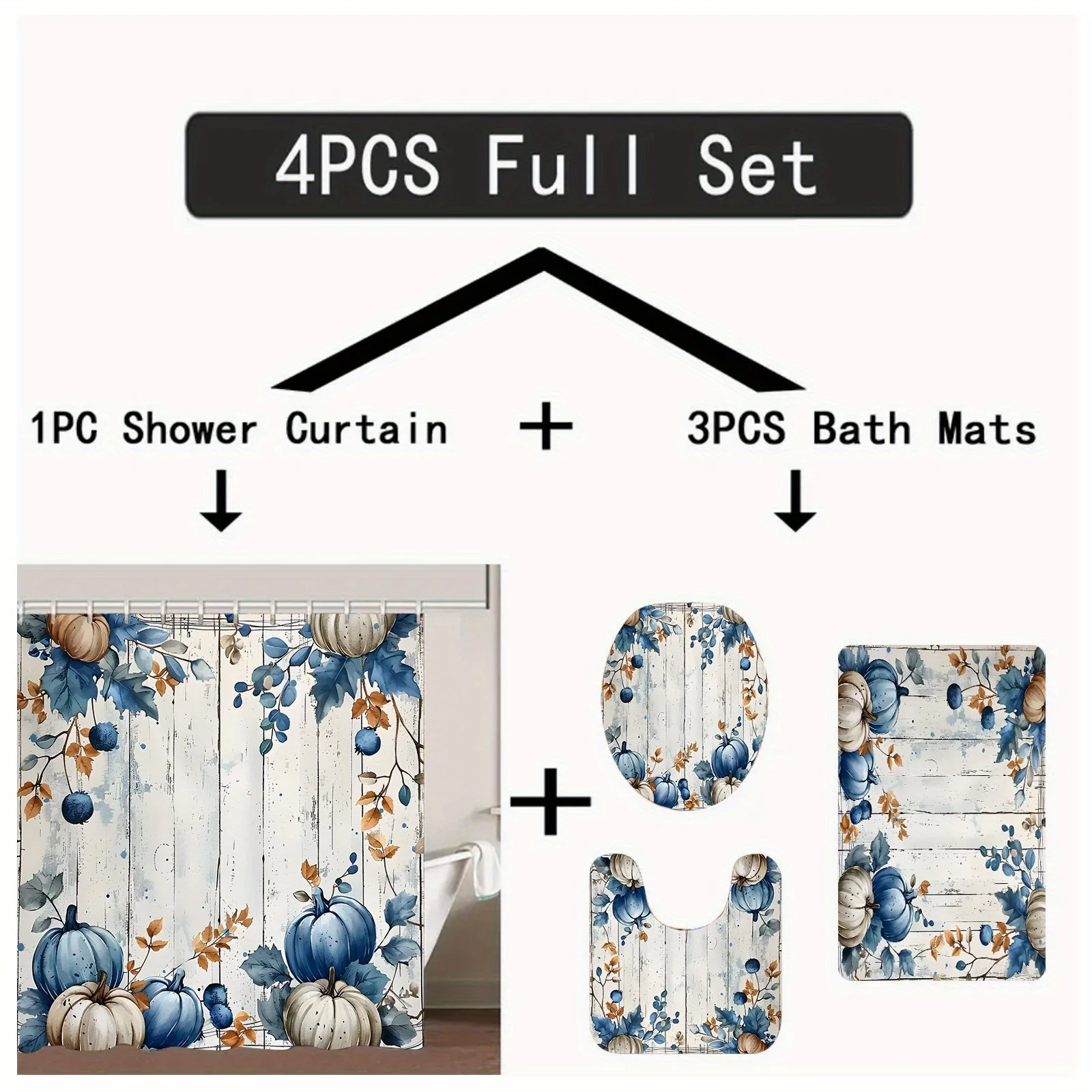 

Rustic Blue Pumpkin Bathroom 4-Piece Set: Shower Curtain, Bath Mat, Toilet Cover, Tank Cover – Autumn Inspired Decor