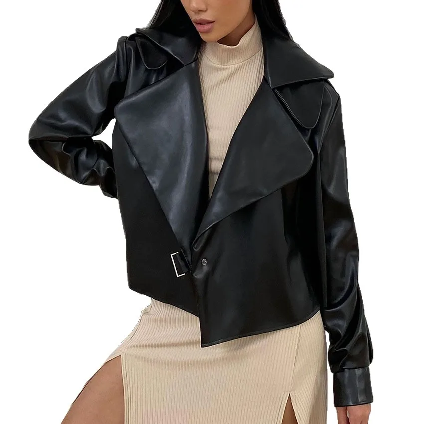 ヴィンテージアメリカンバイカージャケット女性フェイクレザーコート冬暖かいスリムフィット大きな襟スタイリッシュ