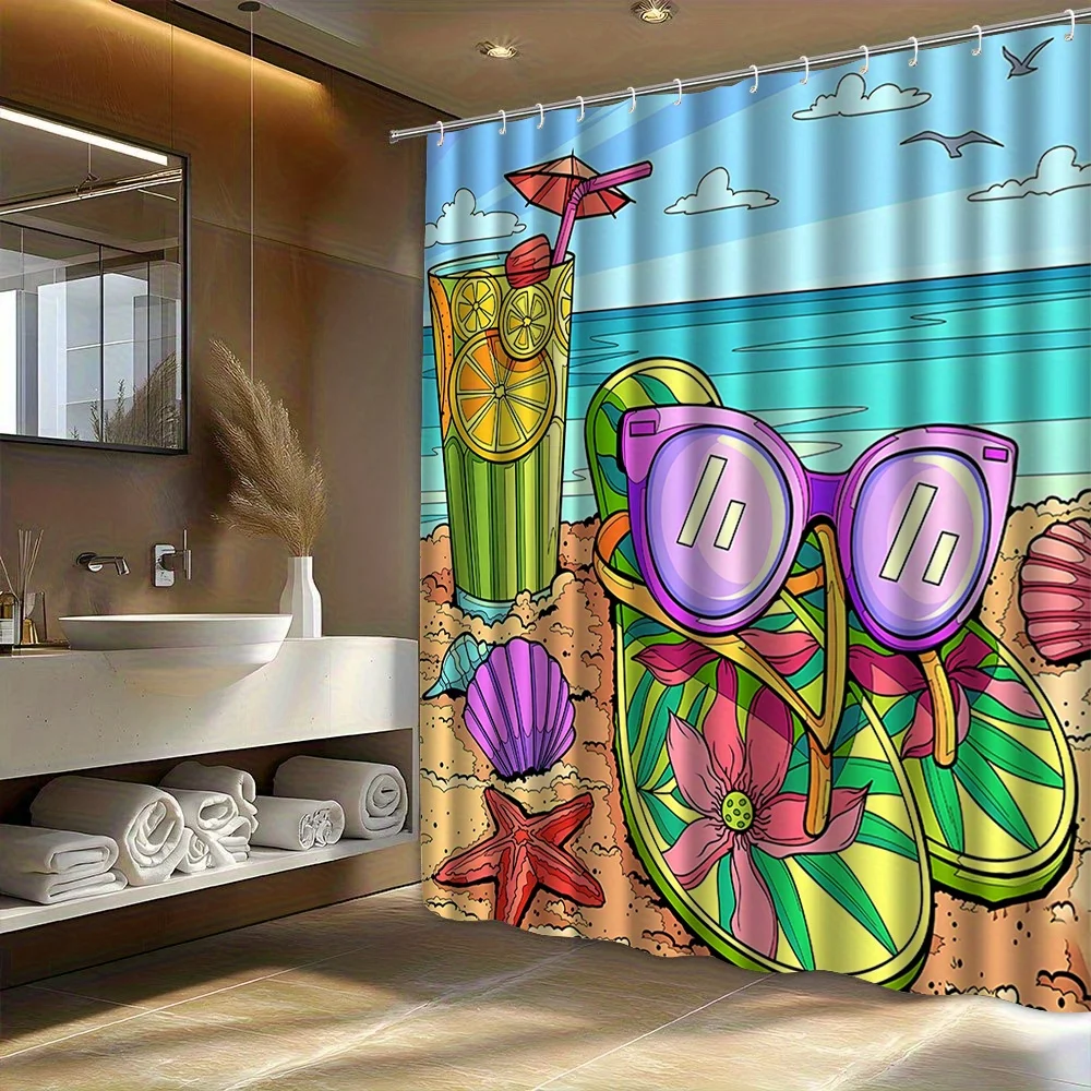 Summer Beach Flip Flops Shower Curtain, Tropical Cocktail & Sunglasses Print Waterproof Bathroom Decor, Ocean Vibes Home Bath
