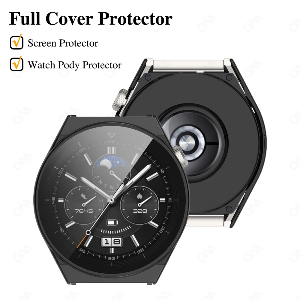 2-IN-1 Tempered Glass Screen Protector Case for Huawei Watch GT3 Pro 46MM Anti-scratch Full Coverage PC Hard Protection Cover