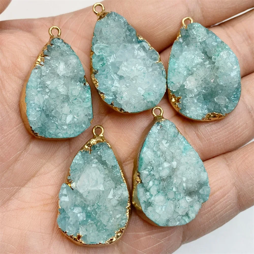 2pcs Natural Crystal Agates Geode Pendant Dyeing Blue Cluster Golden Edge Irregular Stones Charms DIY Jewelry Making Gift