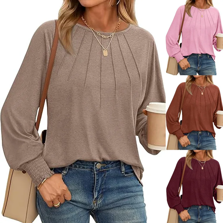 Spring Autumn Women\'s Long Sleeve Tops 2024 New Round Neck T-shirt Pleated Casual Solid Color Sweatshirt Women\'s Clothing