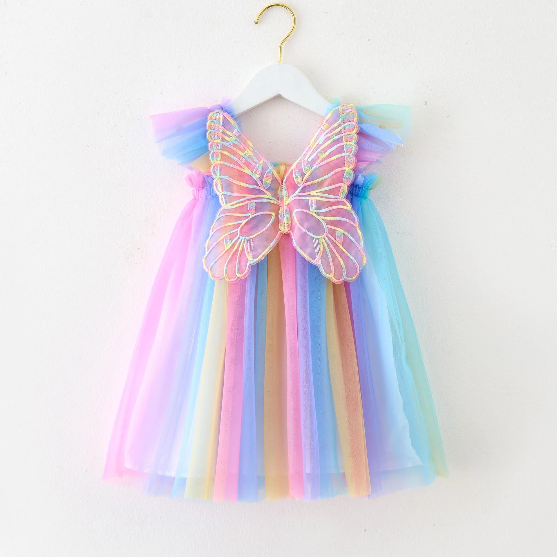 Summer Dress for Girl Sweet Flying Sleeve Rainbow 3D Wings Mesh Kid Birthday Party Dresses 1-5 Yrs Cute Baby Girl Princess Dress