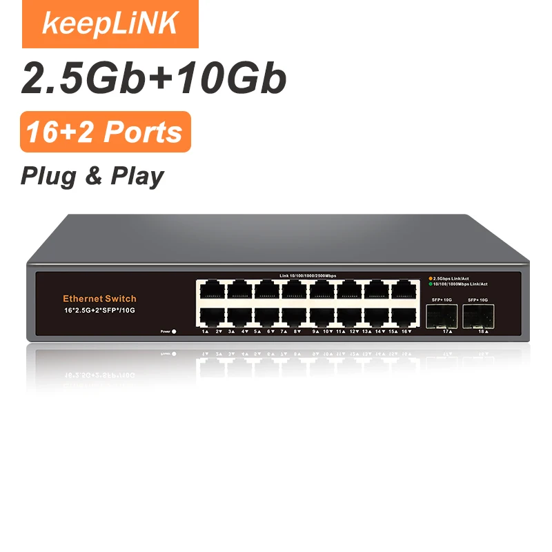KeepLiNK 18-Port Multi-Gigabit Unmanaged Network Switch 16 X 2.5Gb Ethernet + 2 X 10Gb SFP+ for High-Speed Data Networking