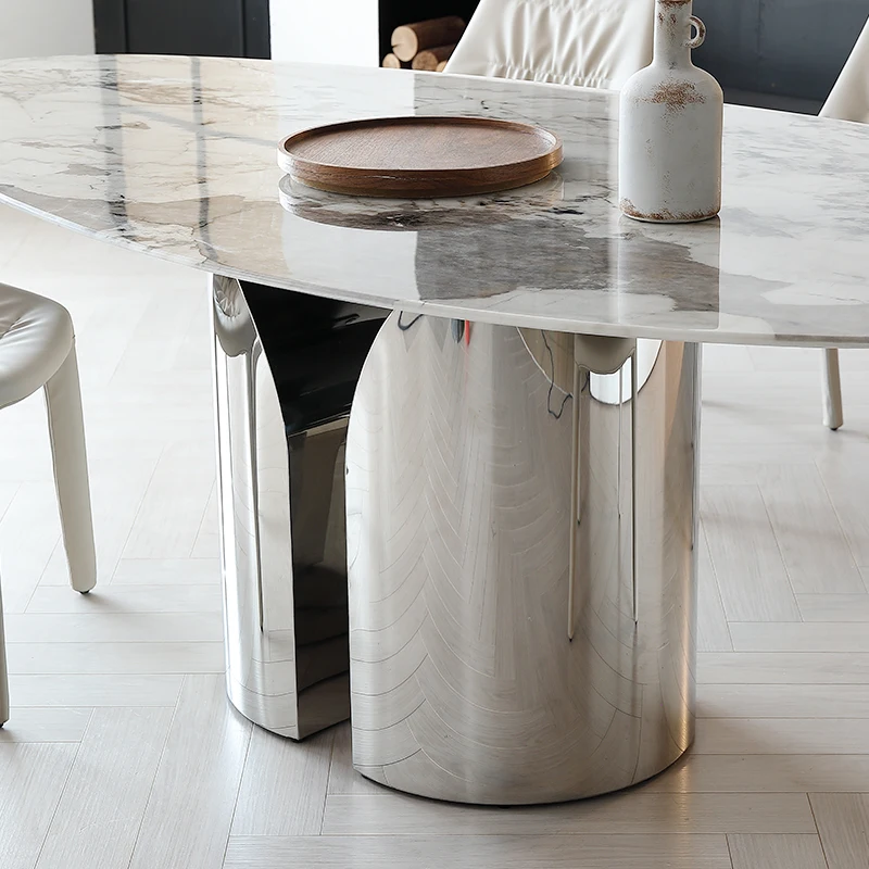 طاولة طعام للمطبخ من الرخام الأبيض البيضاوي مع قاعدة من الفولاذ المقاوم للصدأ للدراسة وطاولة غرفة الطعام الحديثة للمطبخ المنزلي