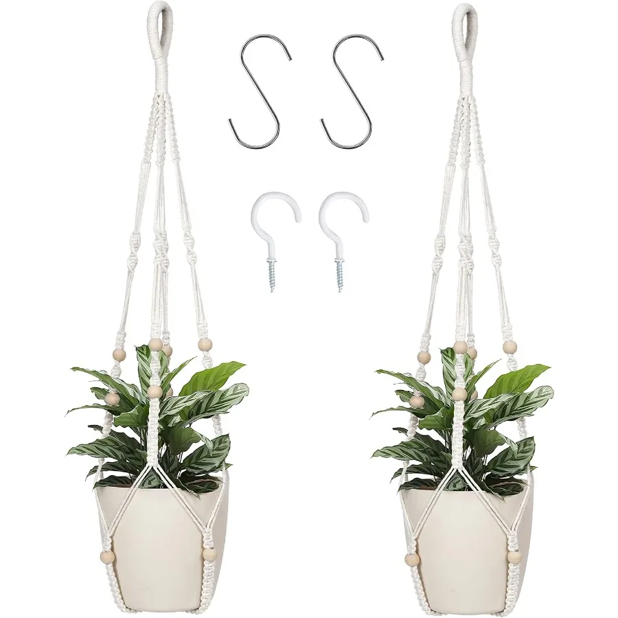 

Вешалка для растений макраме, подвесная в помещении с деревянными бусинами, кашпо макраме без кисточки для использования в помещении и на открытом воздухе, в стиле бохо, дома Dr, 35 дюймов, слоновая кость, 2 шт.