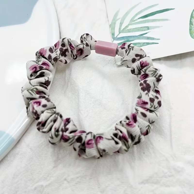 Milk-Colored Small Flower Small Intestine Ring Elastic Flat Knot High Elasticity Hair Band, 5 Pieces in a Pack