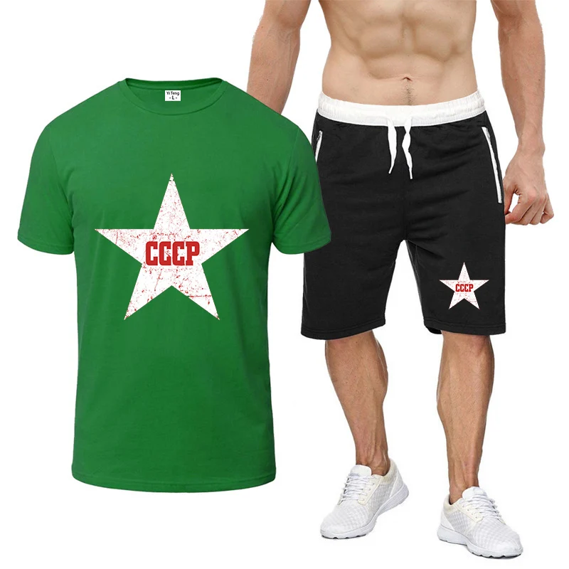 

2026 Red Star Soviet Che Guevara Revolution CCCP USSR Summer Men's Nine Color Short-sleeved Fashion T-shirt+Harajuku Shorts Suit