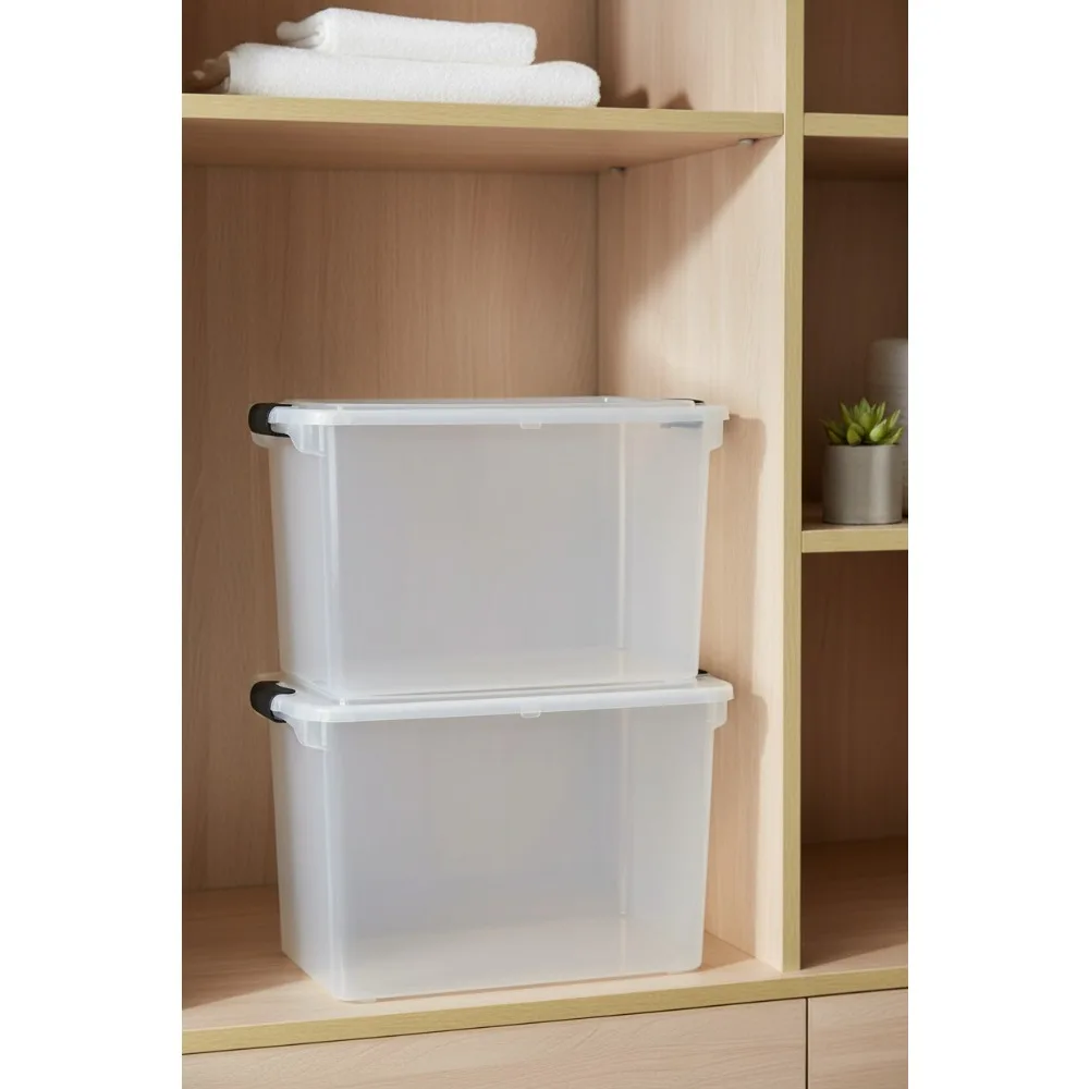 عبوتان من صناديق تخزين بلاستيكية شفافة كبيرة مع أغطية قفل، وصناديق حاويات قابلة للتكديس سعة 112 لترًا لتنظيم المنزل #1