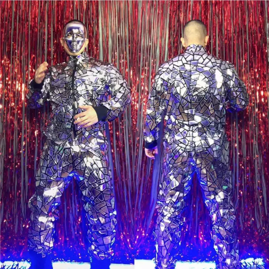 New Reflective Laser Silver Sequins Jumpsuit Overalls Men Singer Bar Nightclub Hip Hop Rock Dance Costume Dancer Band Stage Wear