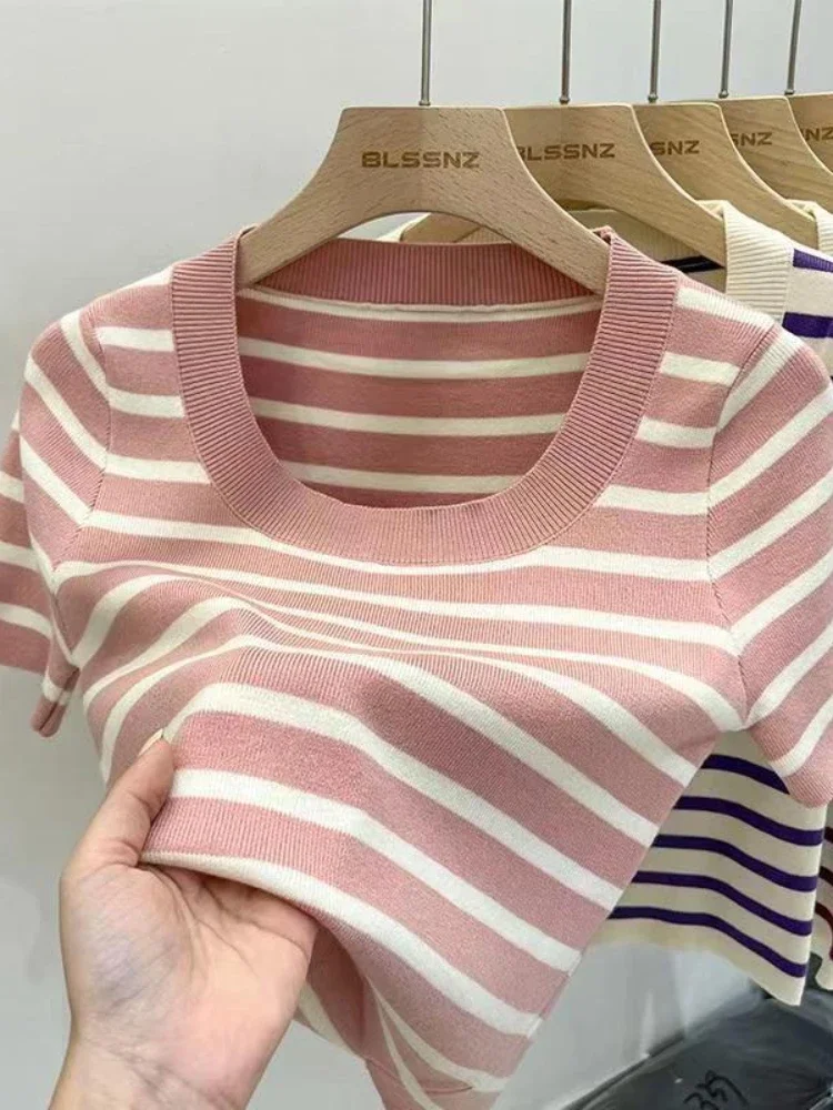 New Woman Clothing Striped Short Sleeve T-shirt Slim Fit Tops Female O-Neck Knitted Sheath Tee Shirt Street Wear Sex Sporty Y2K