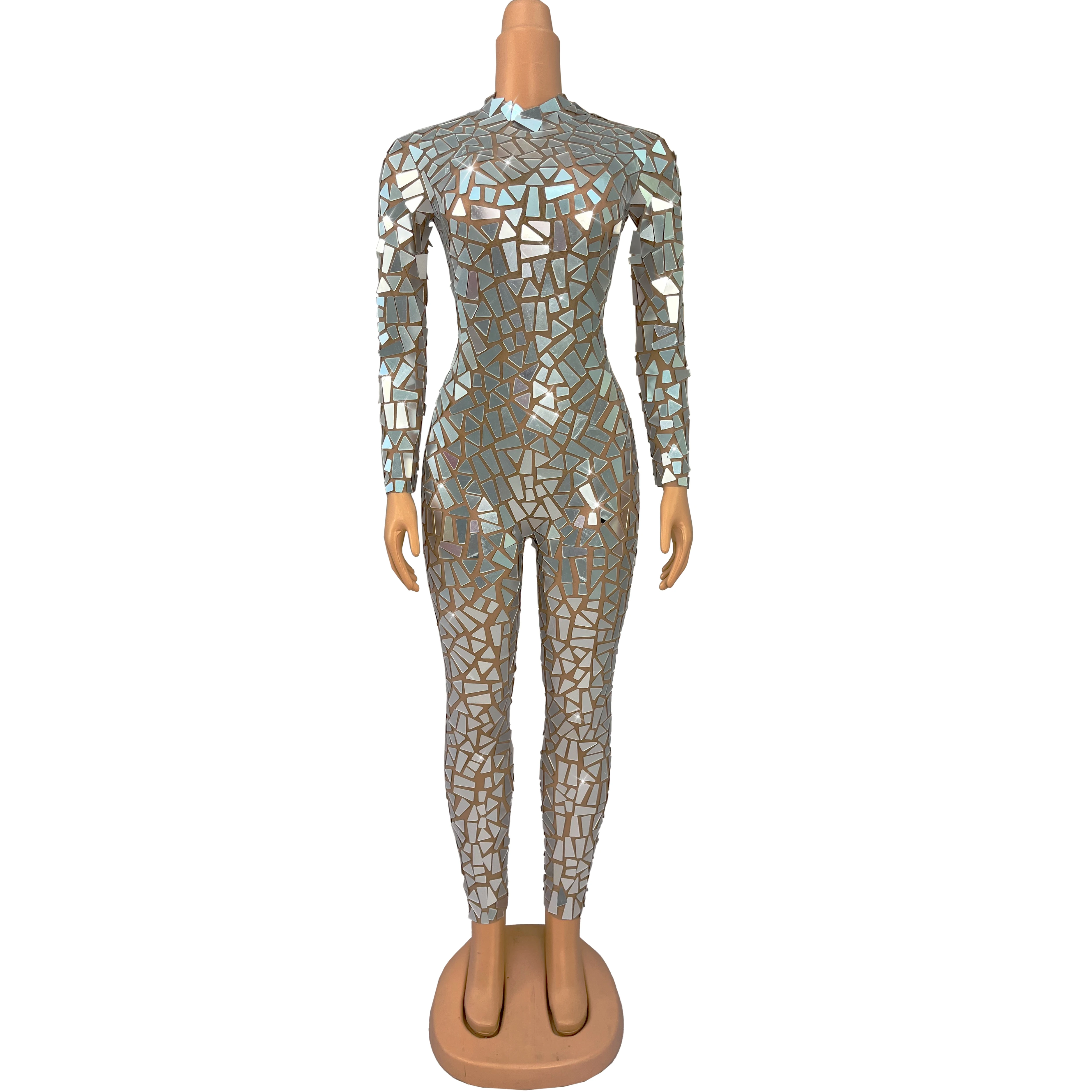 

Sparkly Silver Mirrors Shining Bodysuit Women's Party Celebrate Outfit DJ Singer Show Dance Perform Stretch Outfit Jingpianku