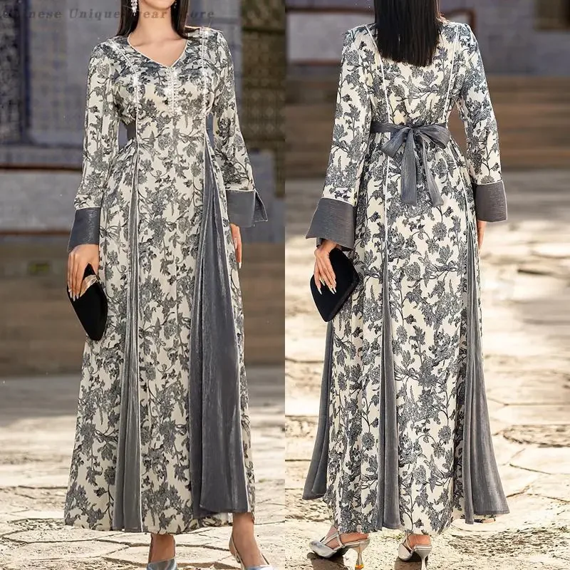 Gorgeous Banquet Party Dresses Middle East Fashion Print V-Neck Abayas Luxury Handmade Beaded Vestidos Long Sleeve Muslim Gown