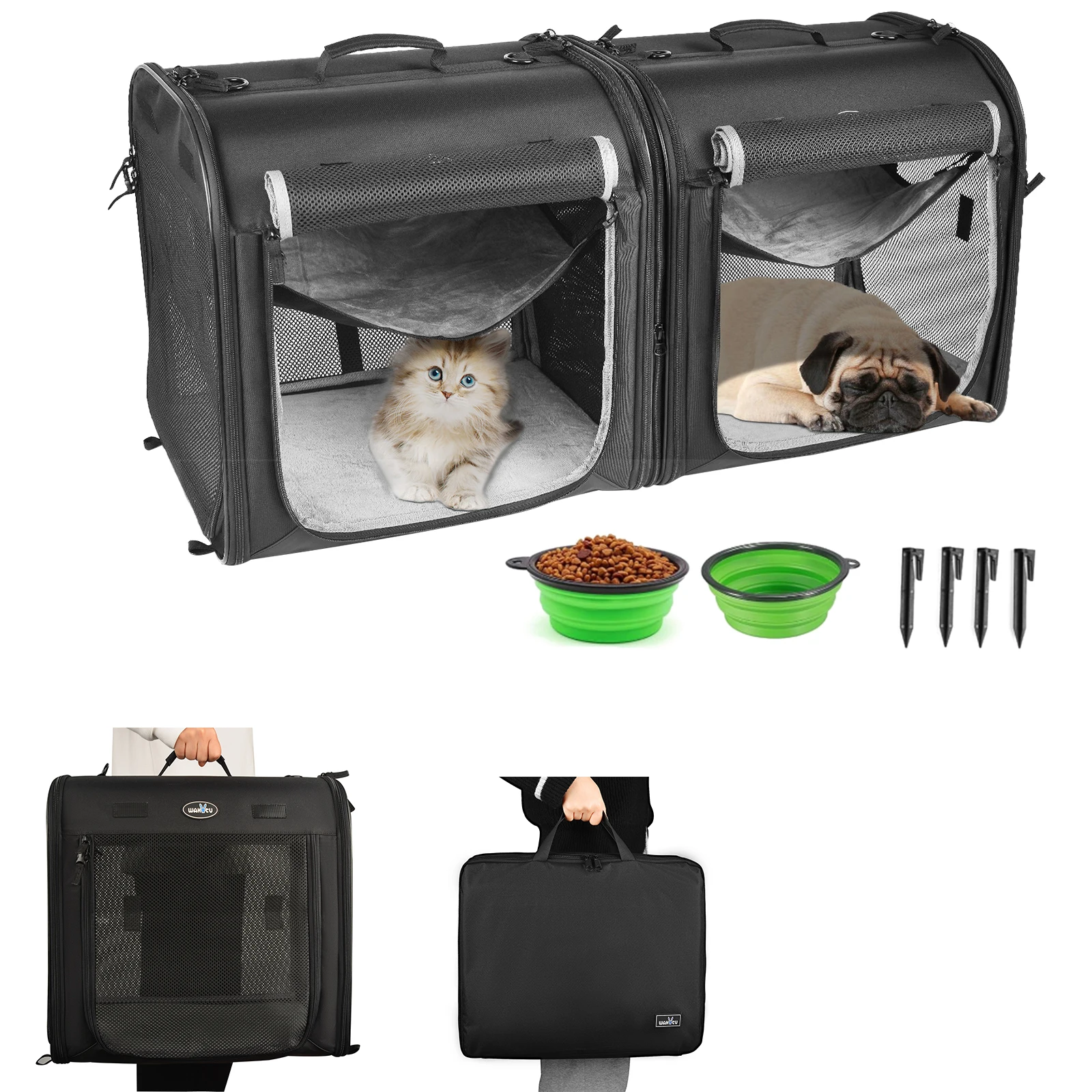 Wakytu Portable Pet Carrier for  for 2 Cats Small Dogs Double Cat Crate Set with Portable Carry Bag Car Travel Indoor Cat House