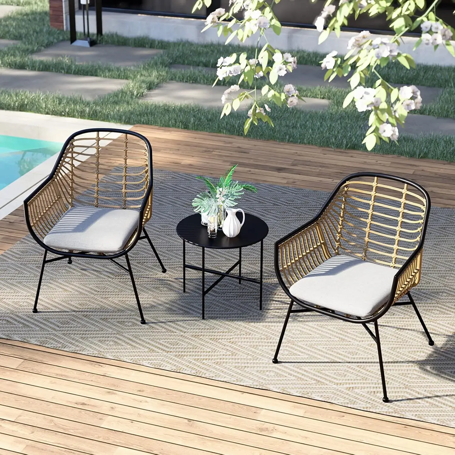 3 Piece Patio Set Outdoor Patio Conversation Set, Two Wicker Seating Chairs with Cushions and Coffee Table, Boho Seating Chat