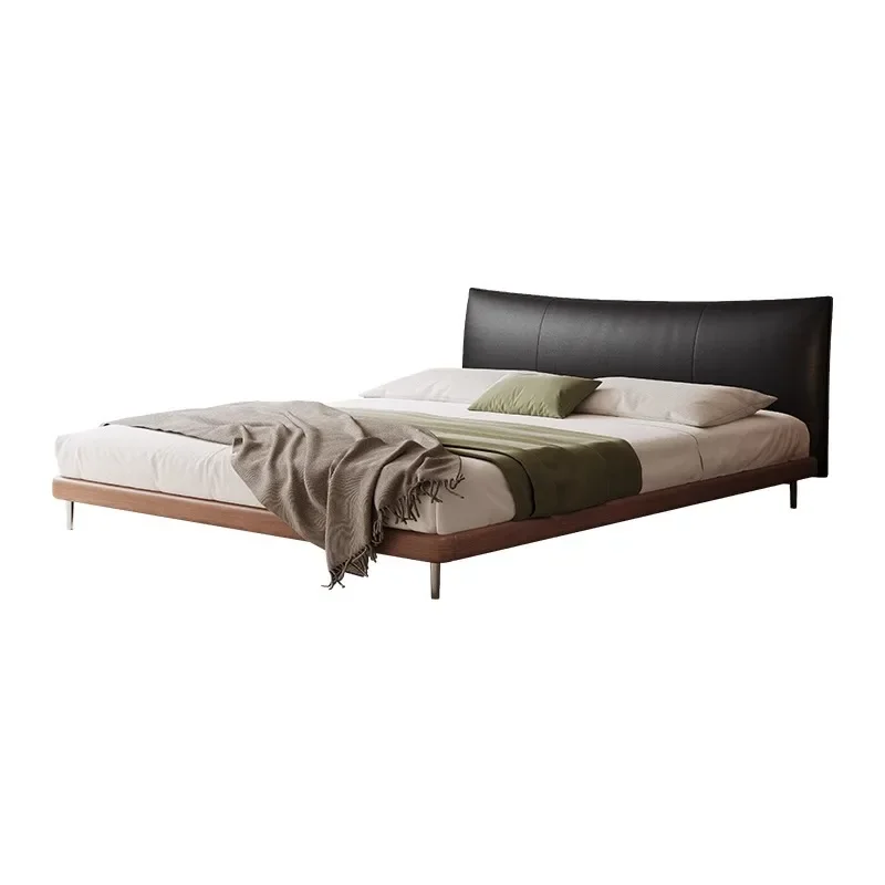 

Medieval black leather bed, Italian minimalist soft bag flush edge bed, modern simple master bedroom retro