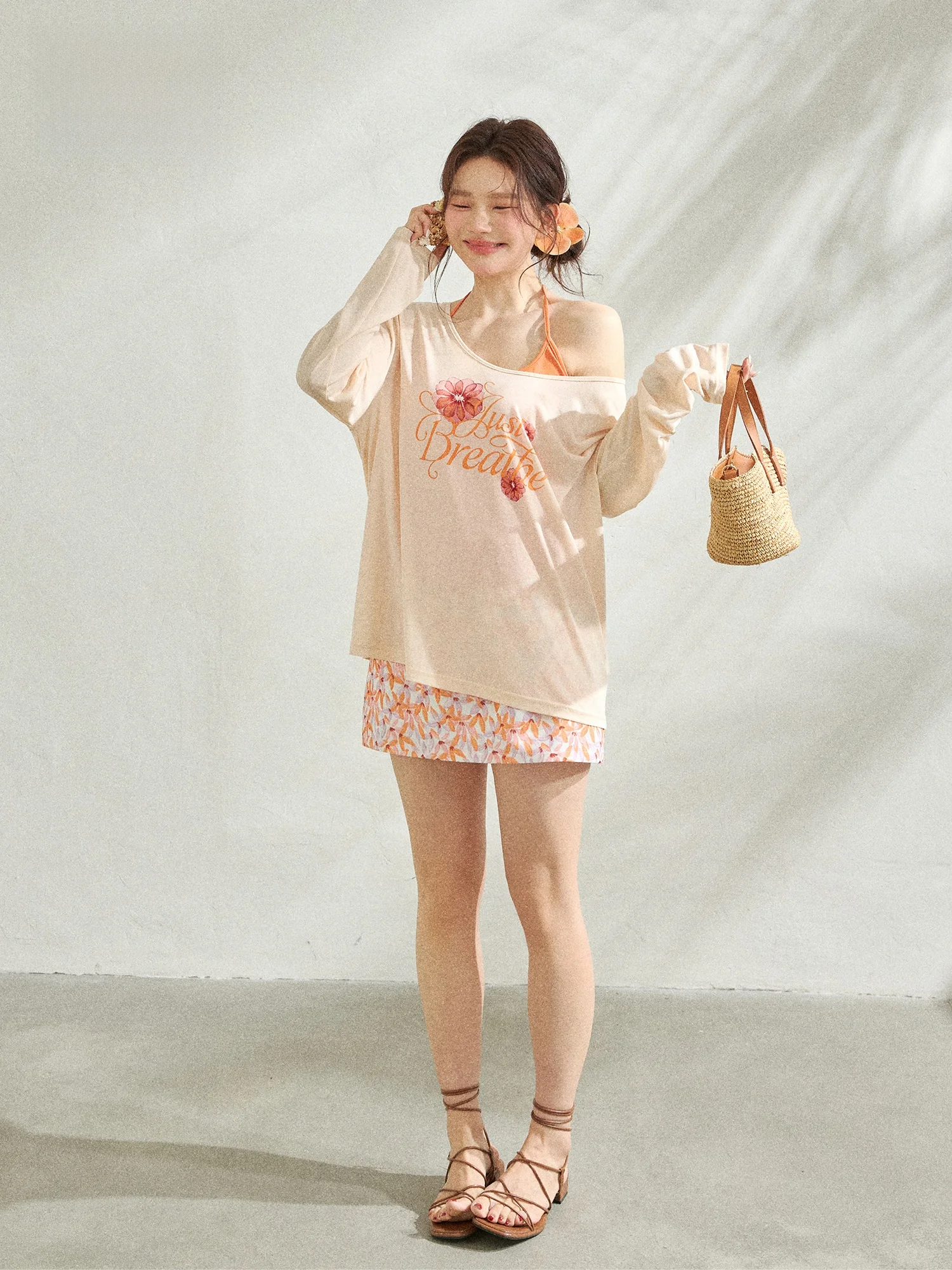 

f Sugar Flower Tide Summer Island Orange Poer Floral Skirt Cover up Set Korean Sle High Waist a Line ort Skirt