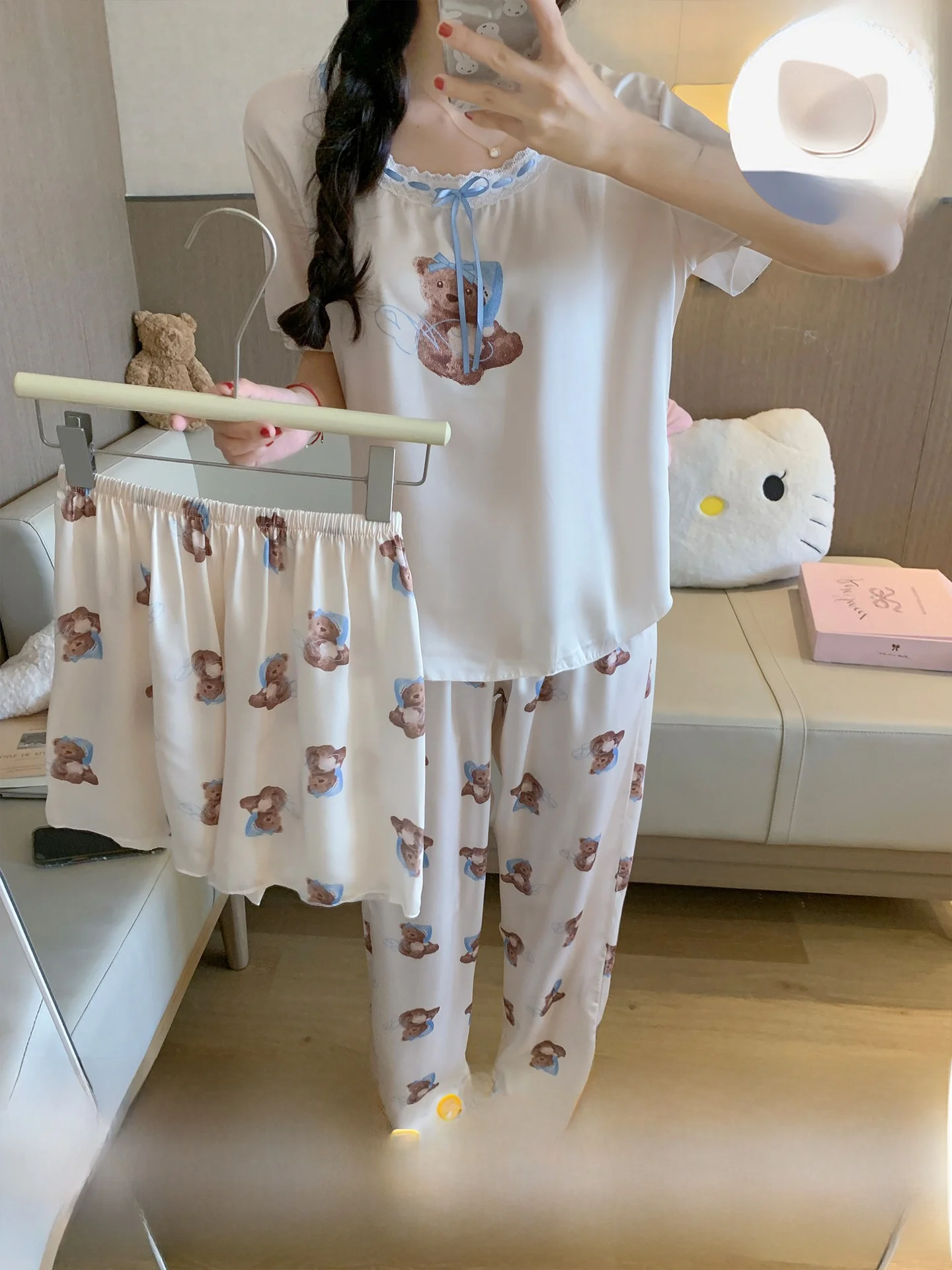 summer-cartoon-bear-short-sleeve-sleepwear-set-women's-ice-silk-cool-feeling-long-pants-suitable-for-outdoor-home-wear