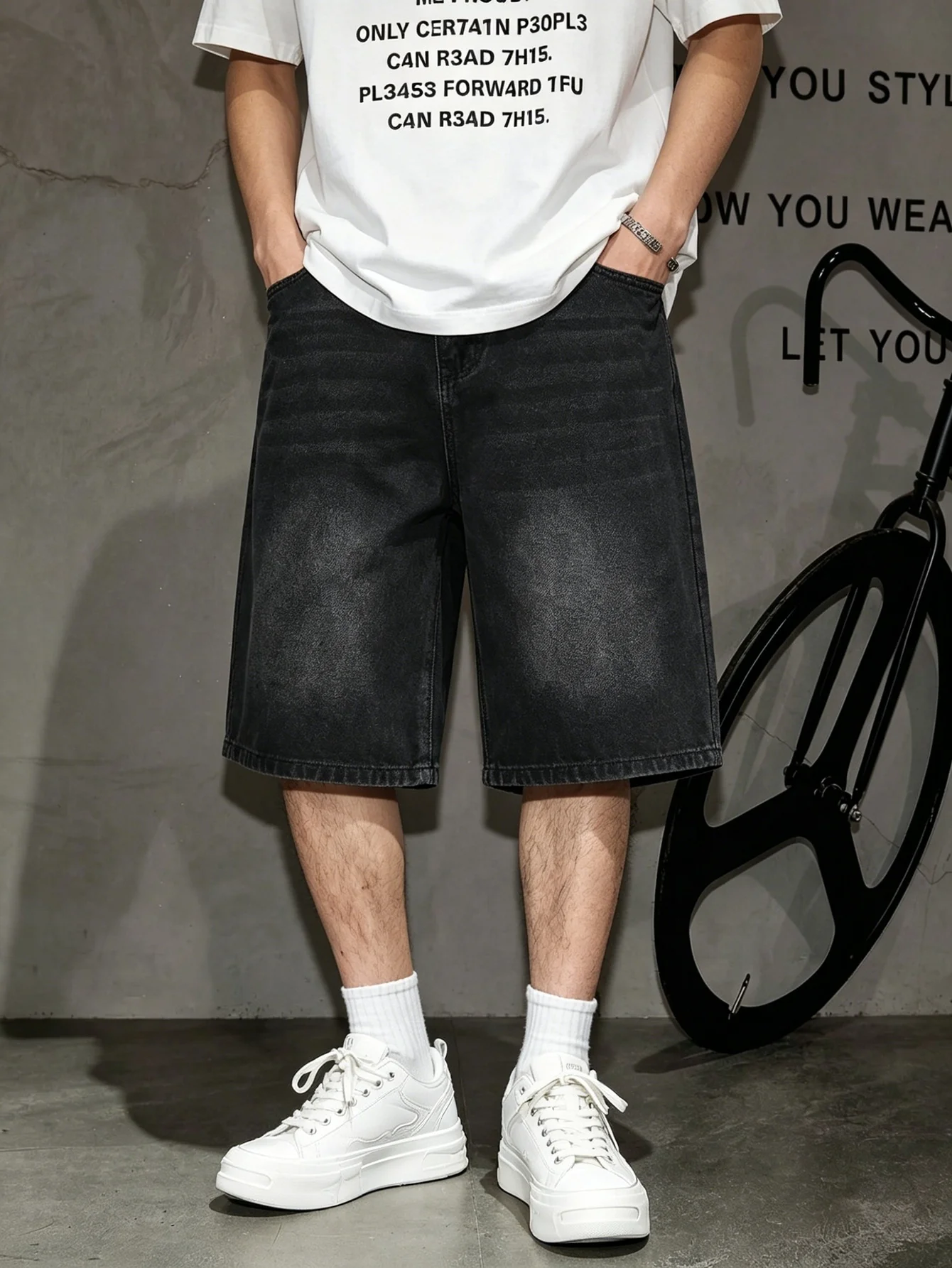 

All match black non stretch denim jorts loose male daily fashion straight leg comfy casual trousers