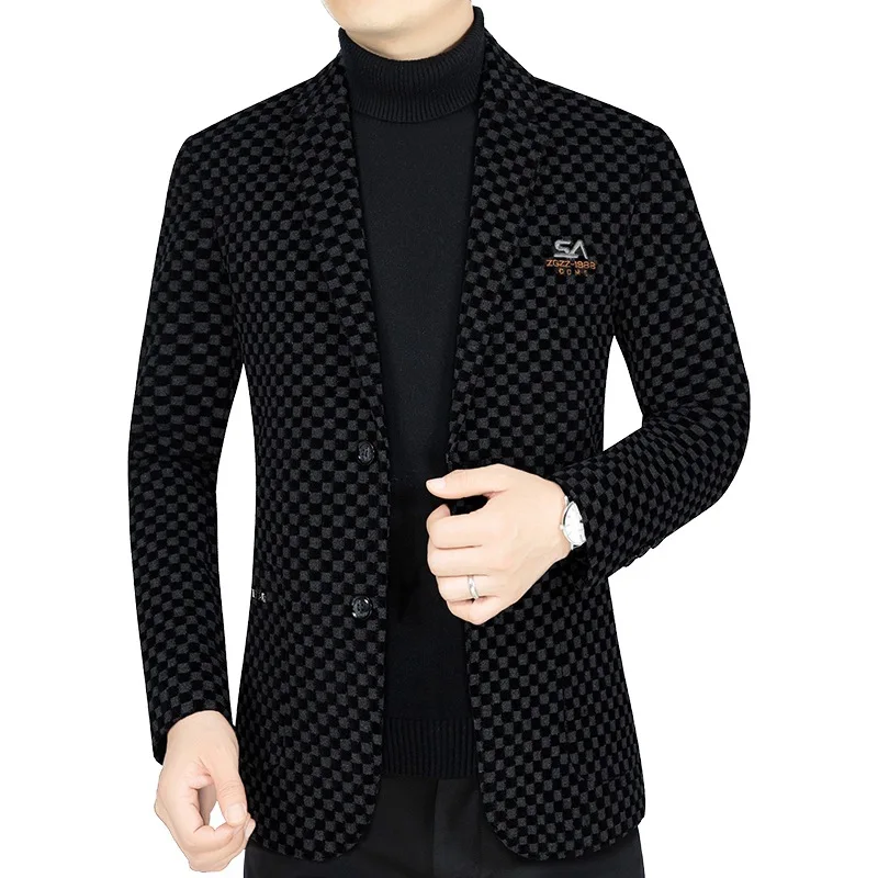 

New Winter Men's Fleece Checkered Blazer Business Casual Warm Jacket High Quality Slim Fit Coat Plus Size 4XL